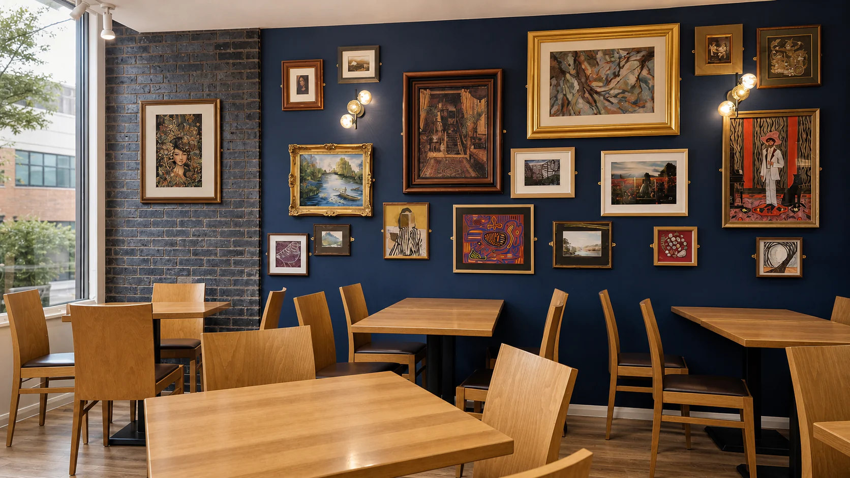 Fabrica's blue gallery dining room, editorially retouched